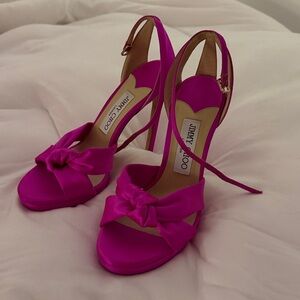 Unworn Jimmy Choo Fuchsia Satin Knot Ankle-Strap High Heel Sandal